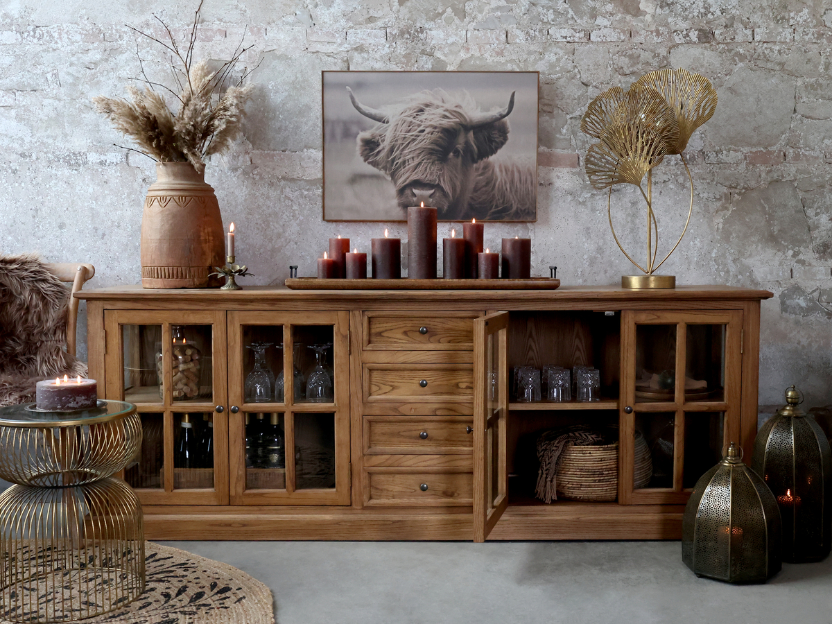 Sideboard, vitrinskänk med spröjsade glasdörrar och lådor, natur