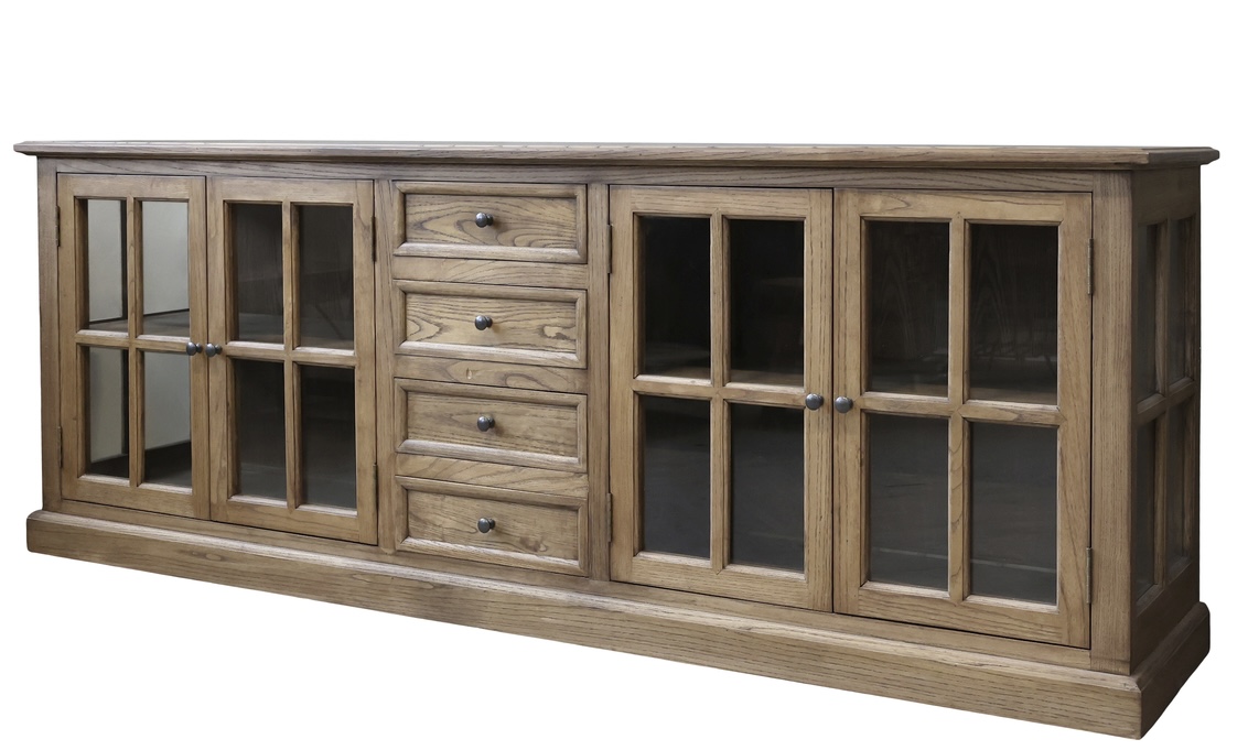 Sideboard, vitrinskänk med spröjsade glasdörrar och lådor, natur - 7