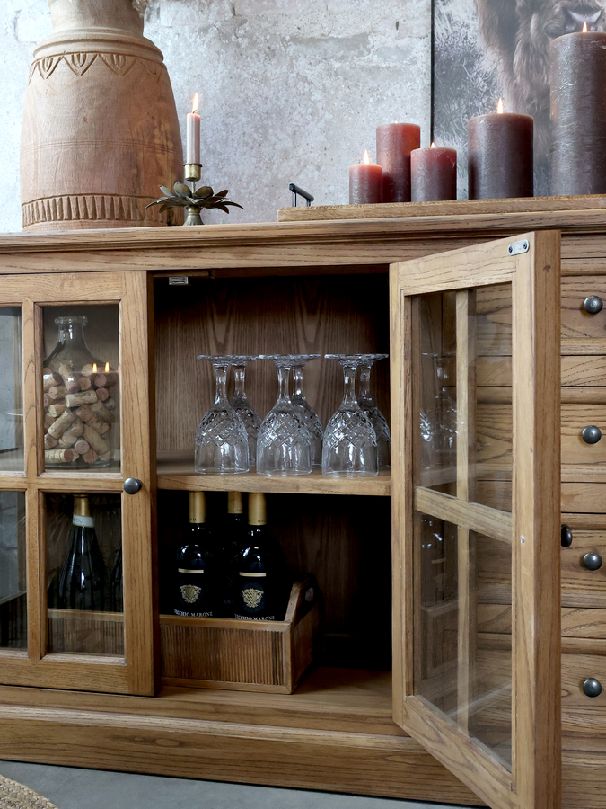 Sideboard, vitrinskänk med spröjsade glasdörrar och lådor, natur - 2
