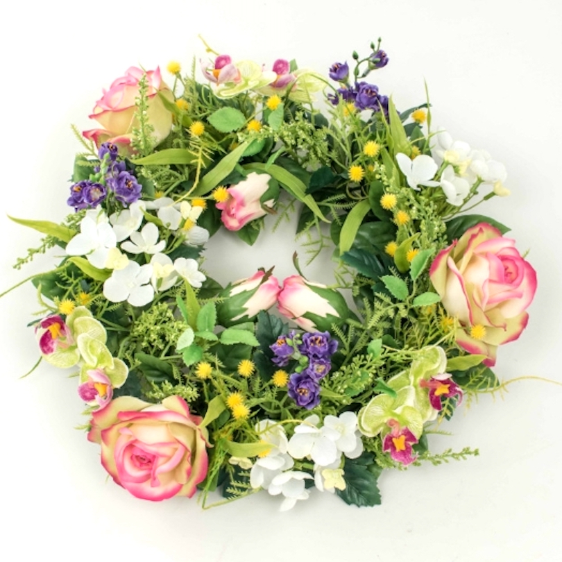 Krans med rosor, blommor & blad konstgjord Ø:30cm