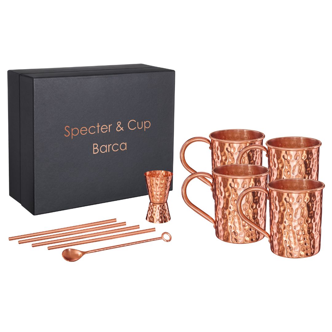 Moscow mule muggar i äkta koppar set med 4 muggar & drinktillbehör, Barca - 2