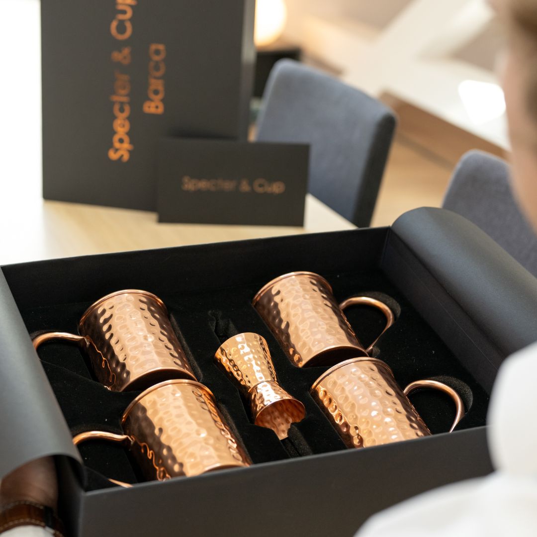 Moscow mule muggar i äkta koppar set med 4 muggar & drinktillbehör, Barca - 5