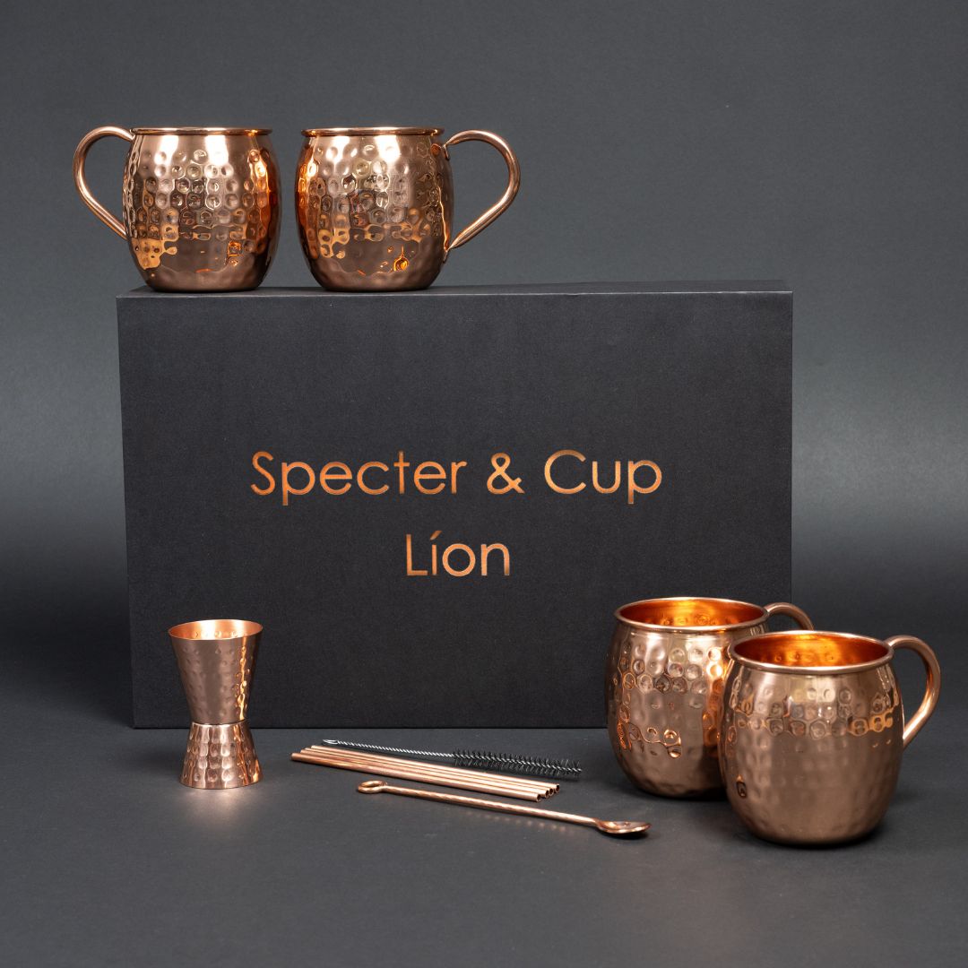 Moscow mule Muggar i äkta koppar, set med 4 muggar med drinktillbehör, Lion - 3