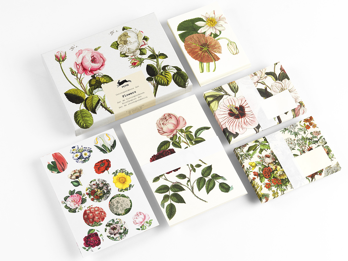 Skrivset med 40 brevpapper, 8 dubbla kort & 20 kuvert i fin ask – FLOWER