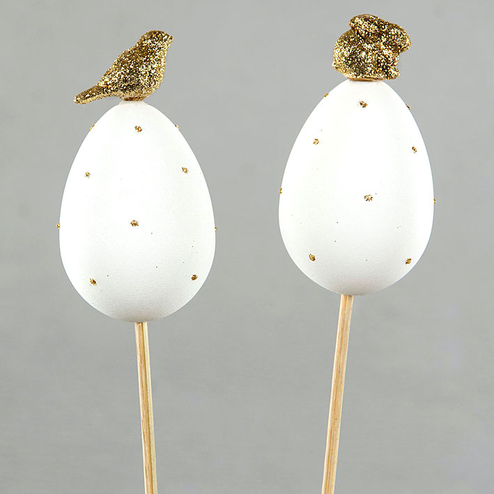 Stick ägg med fågel eller kanin i guld 4x8cm pris/st