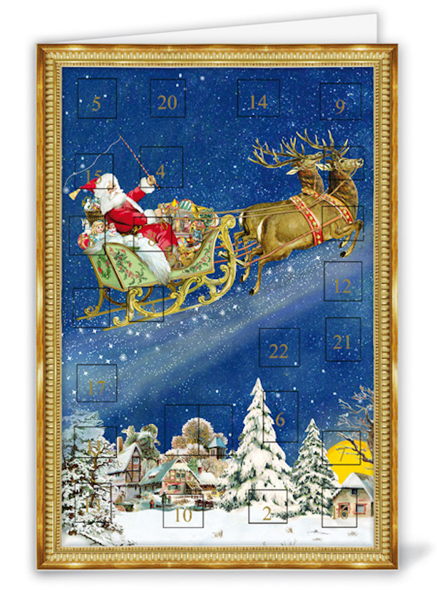 Julkalenderkort, dubbelt med kuvert & blank insida – Santa in His Flying Sleigh 11,5x16,3cm