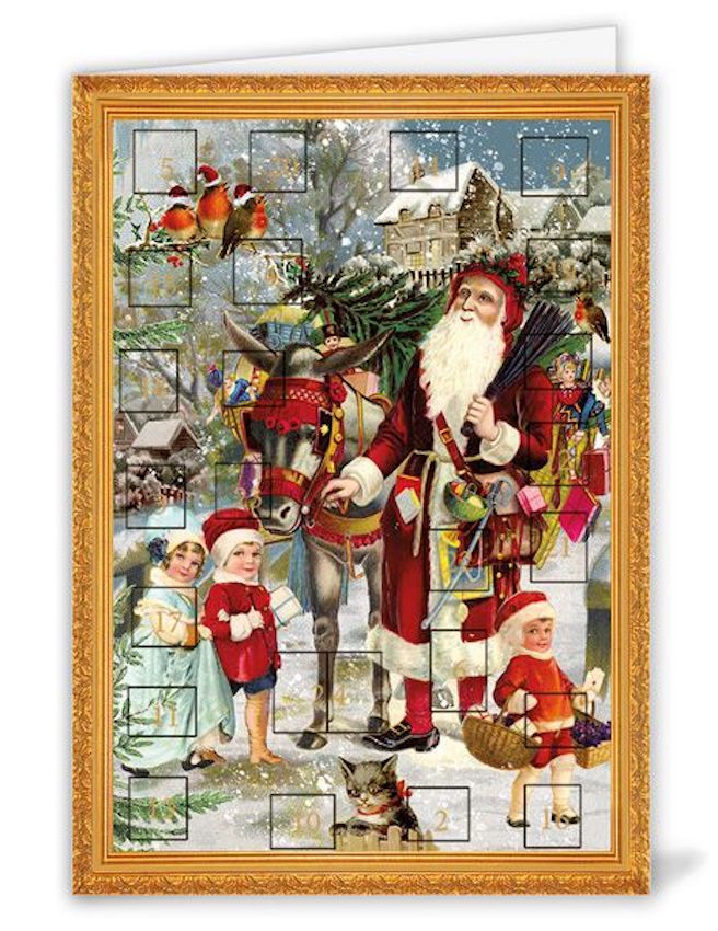 Julkalenderkort, dubbelt med kuvert & blank insida – Santa with Donkey & Children 11,5x16,3cm