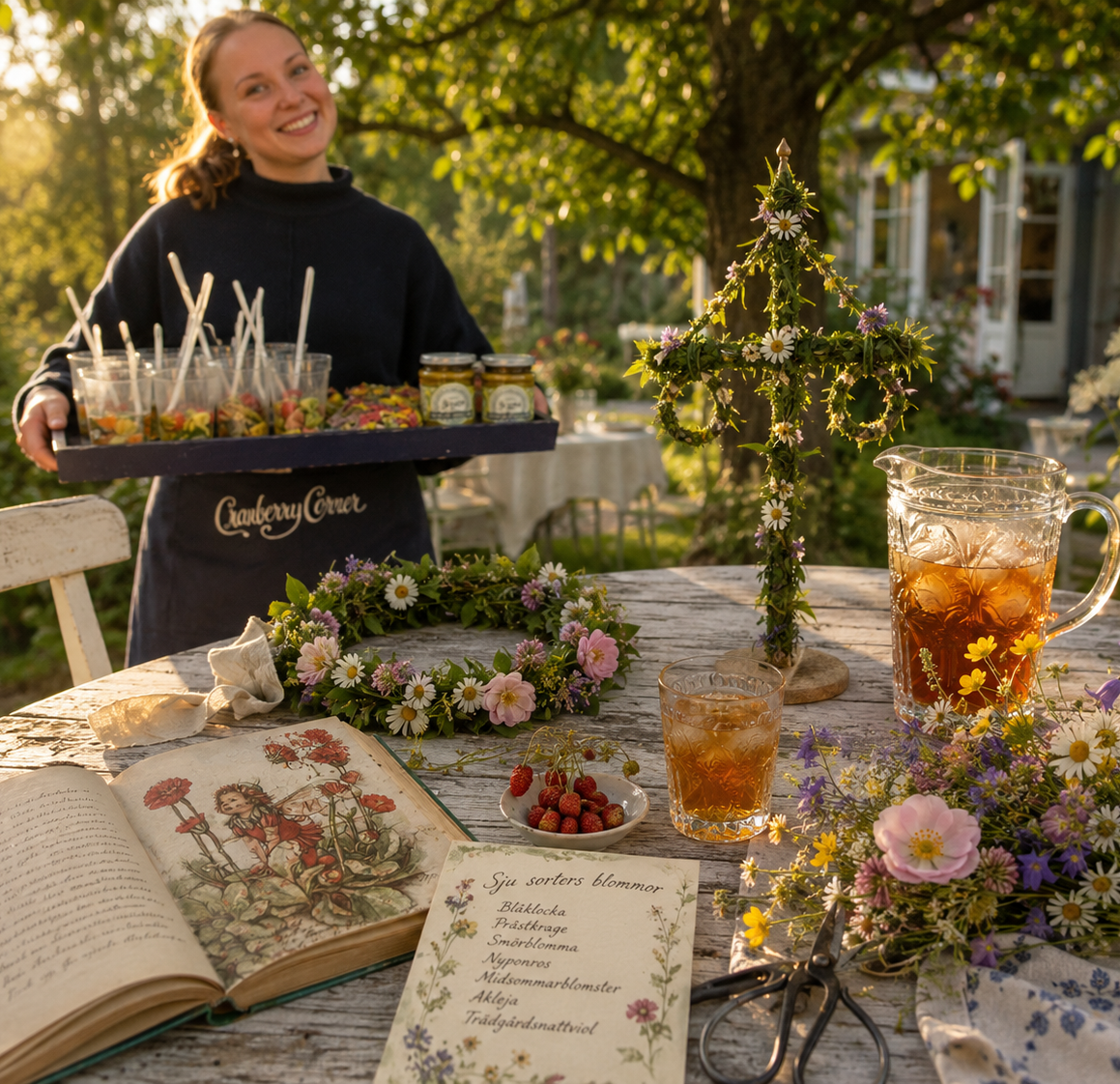 Somrig trädgårdsdukning med liten midsommarstång, blomsterkrans, iste och sommarblommor i kvällssol.