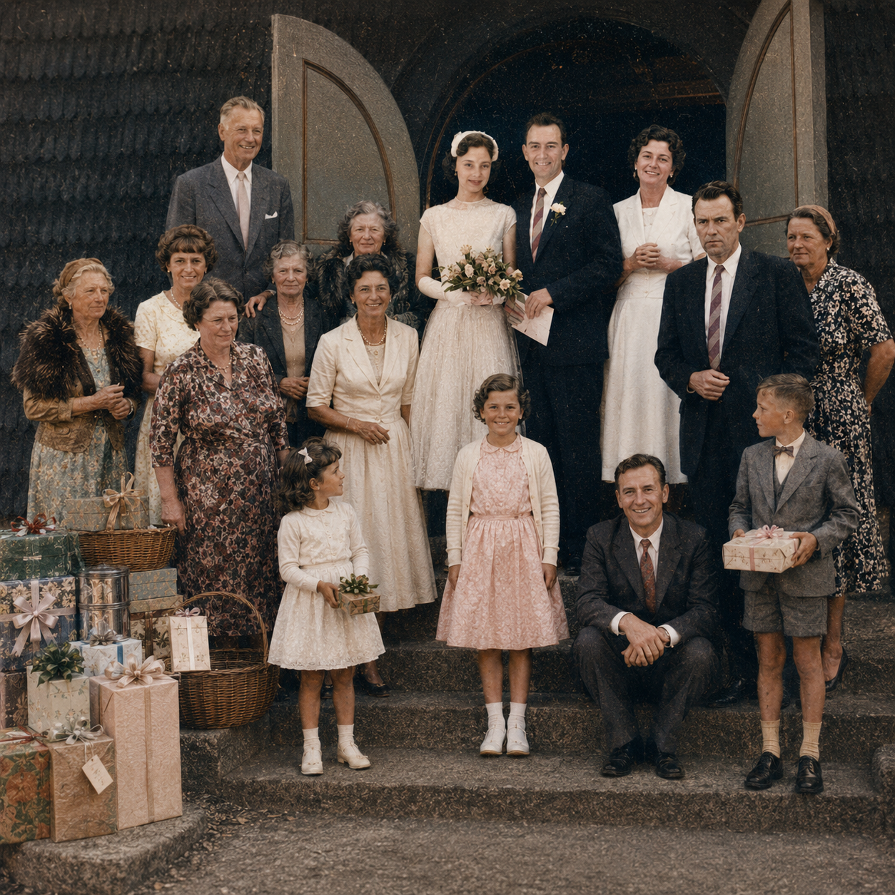 Vintageinspirerad familjebild med brudpar utanför kyrkan och vackert inslagna presenter – symbol för bröllopspresenter och ett nytt liv tillsammans.