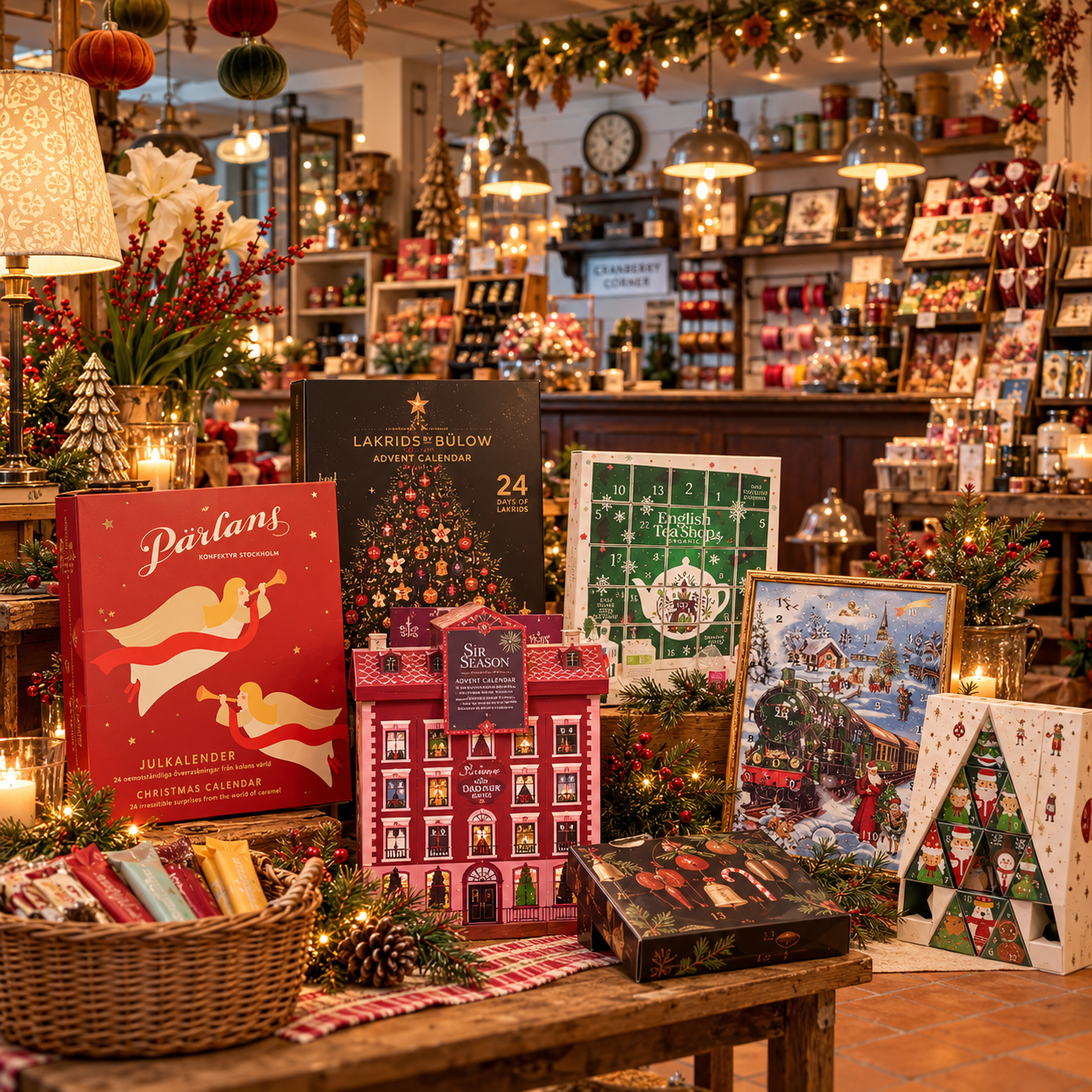 Adventskalendrar med choklad, lakrits, te och klassiska julmotiv på ett juldekorerat bord i Cranberry Corners varma butiksmiljö.