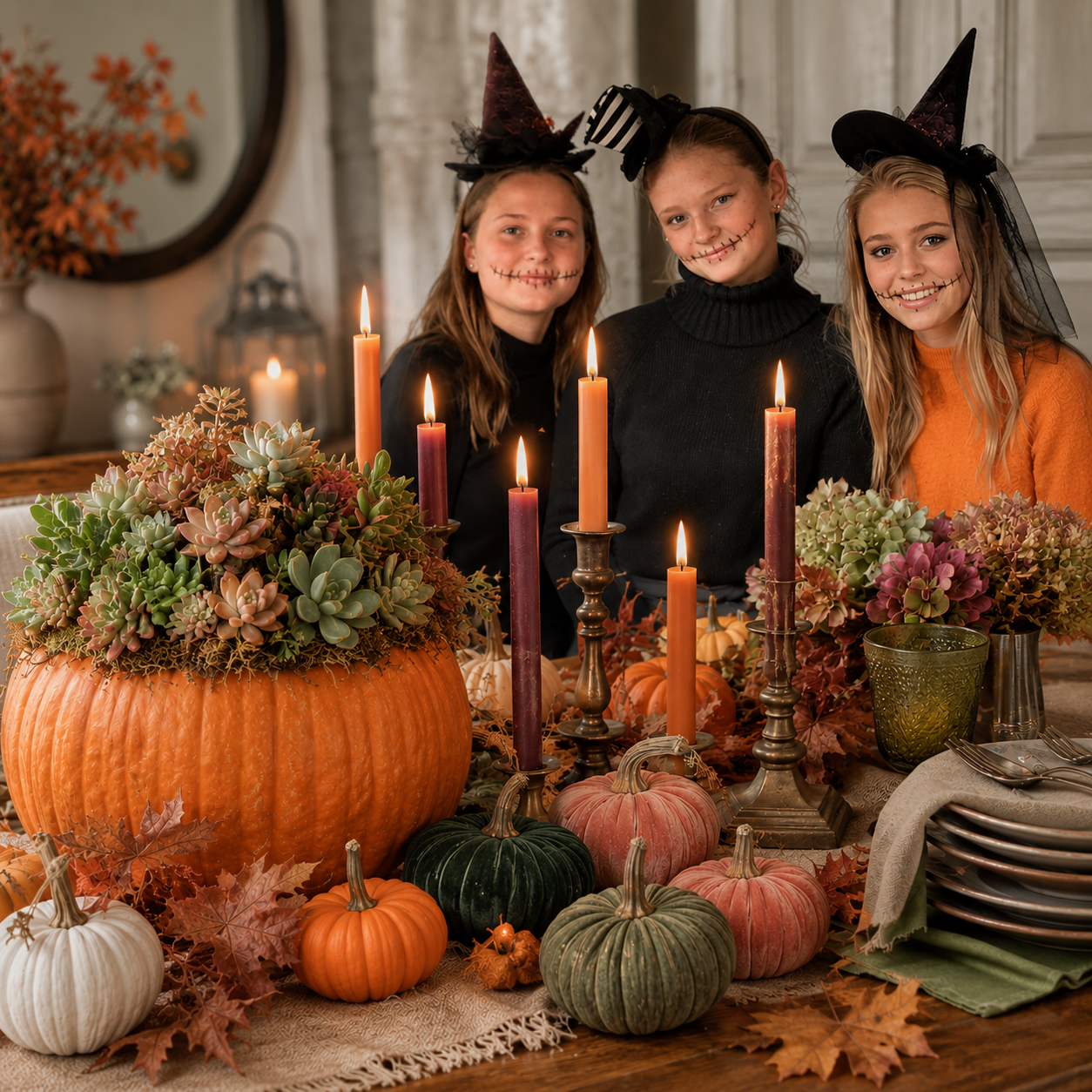 Vackert dukat höstbord med pumpor, levande ljus och höstdekorationer inför Alla helgona och Halloween.