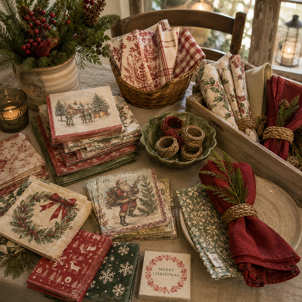 Julservetter i klassiska julmotiv med granar, tomtar, julblommor och rutiga mönster