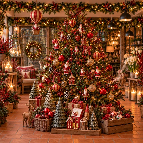 Julgran med röda och guldiga julgranskulor, tomtefigurer och dekorativa julgranshängen hos Cranberry Corner.