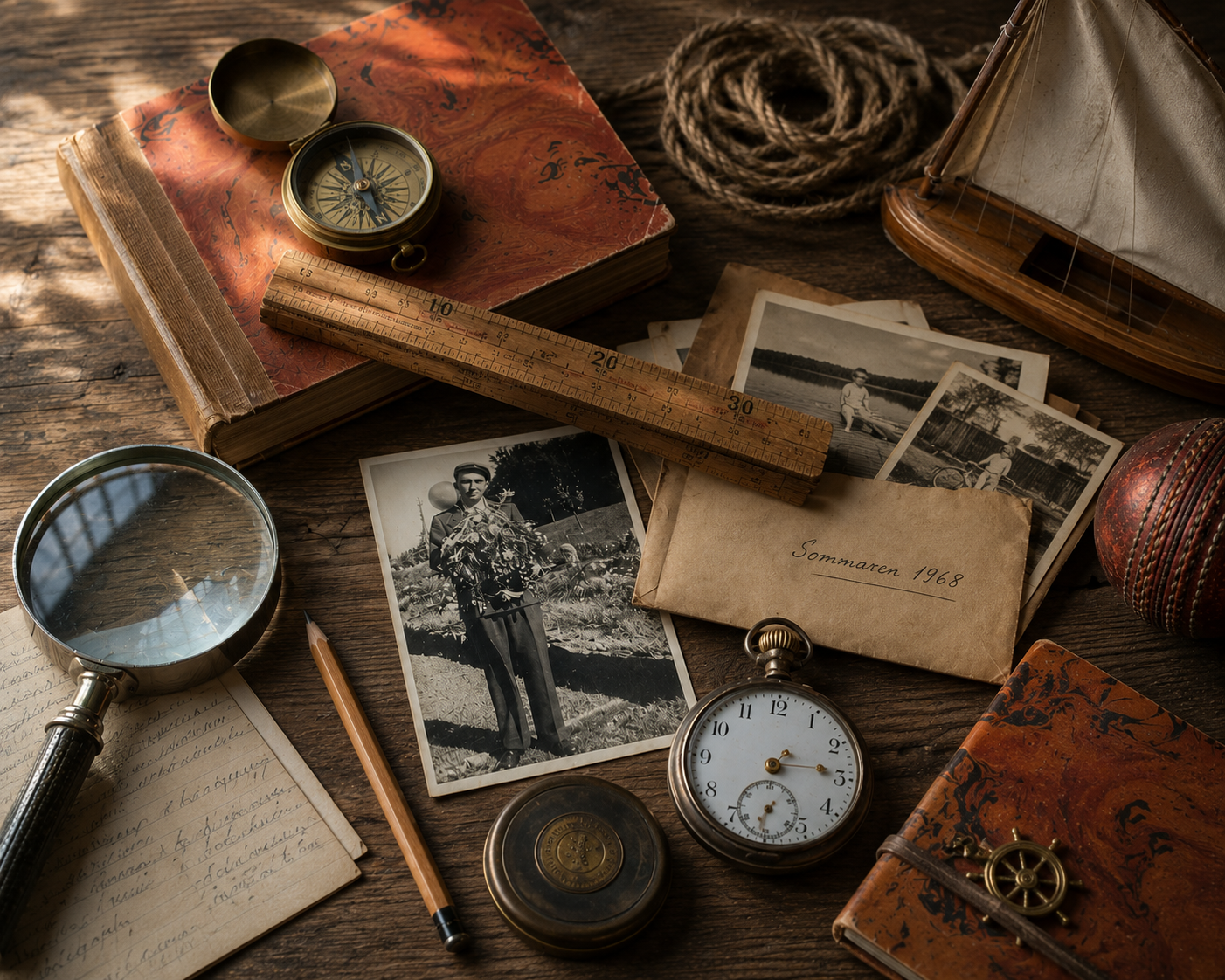 Vintageinspirerad kategoribild för studentpresenter med gamla fotografier, kompass, fickur, böcker, modellbåt och personliga minnen som symboliserar början på ett nytt kapitel i livet.