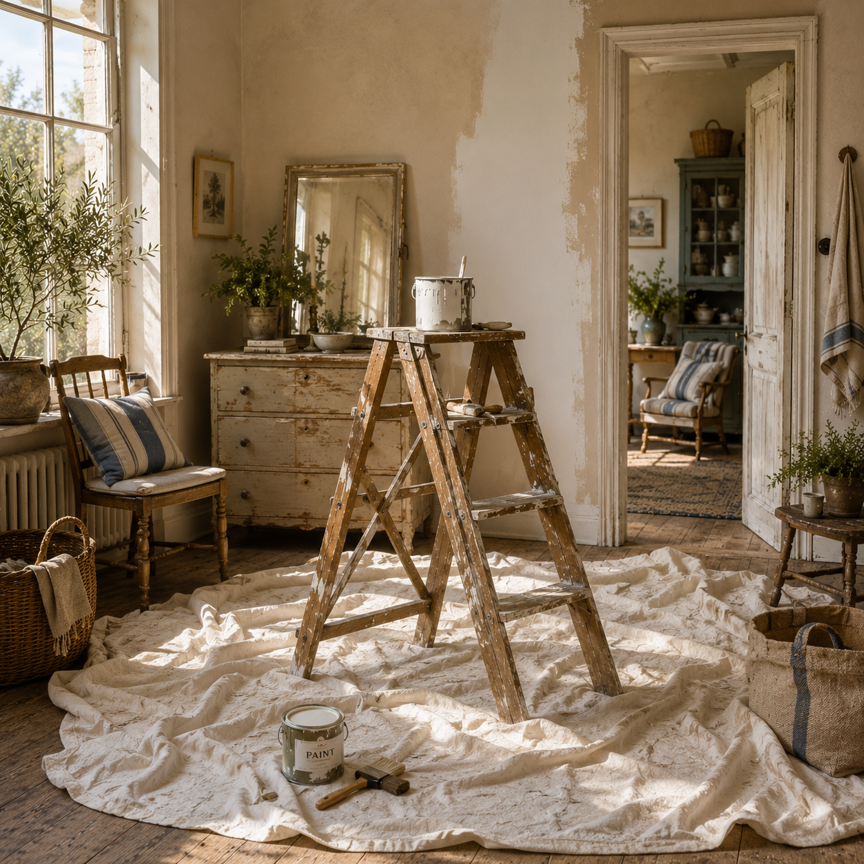 Ljust lantligt rum under renovering med gammal trästege, färg och patinerad inredning
