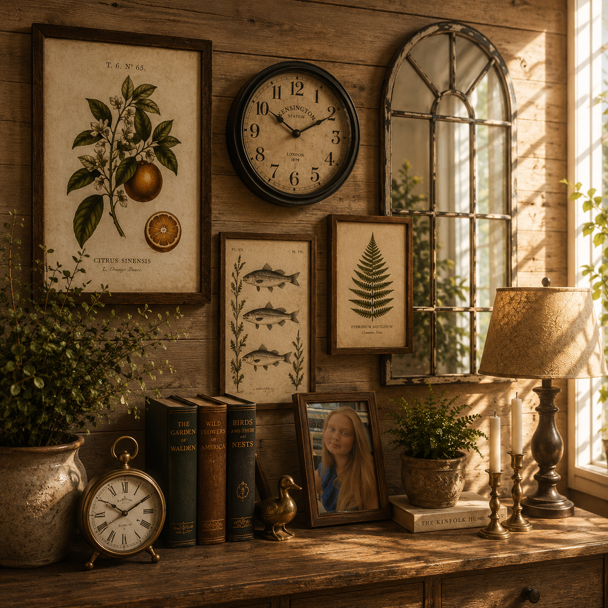 Vägg med botaniska tavlor, vintageklocka, spegel och dekorativa inredningsdetaljer i varm New England- och lantlig stil.