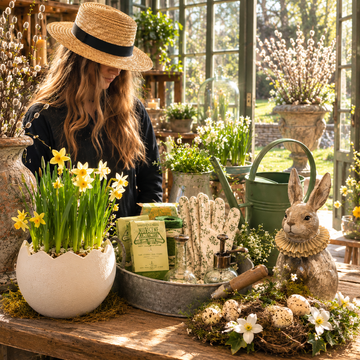 Vårdukning med påskris, narcisser, vårblommor och trädgårdsdetaljer i varm vårsol hos Cranberry Corner.