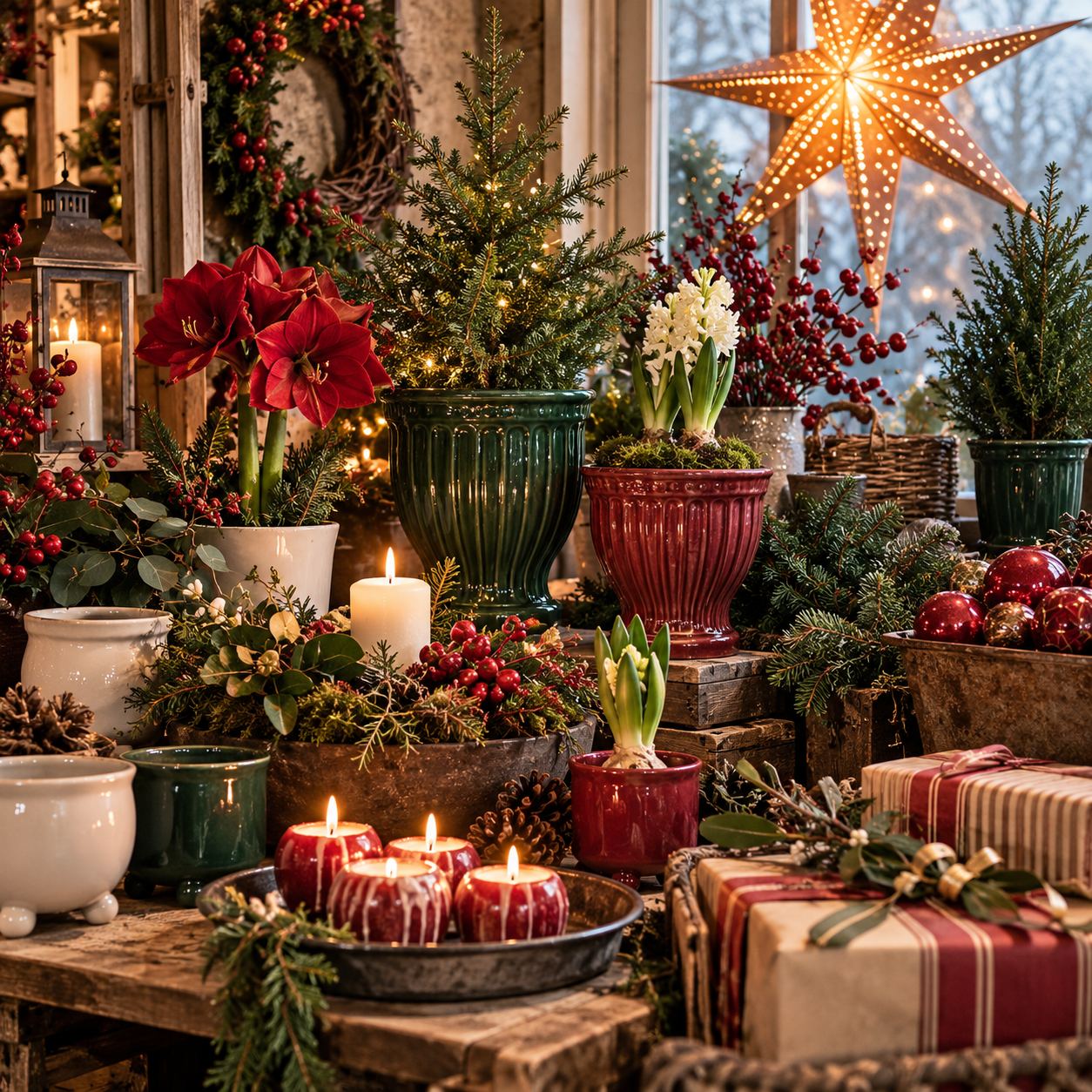 Juldekoration med gröna och röda krukor, julblommor, granris, bär, levande ljus och julstjärna i ett stämningsfullt vinterfönster.
