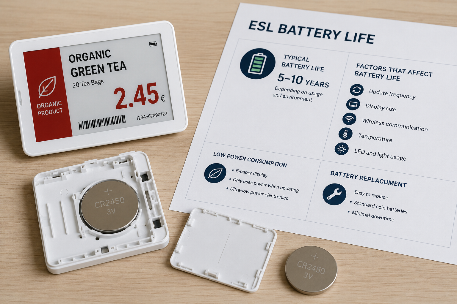 Battery life in Electronic Shelf Labels with digital price labels in a modern retail store