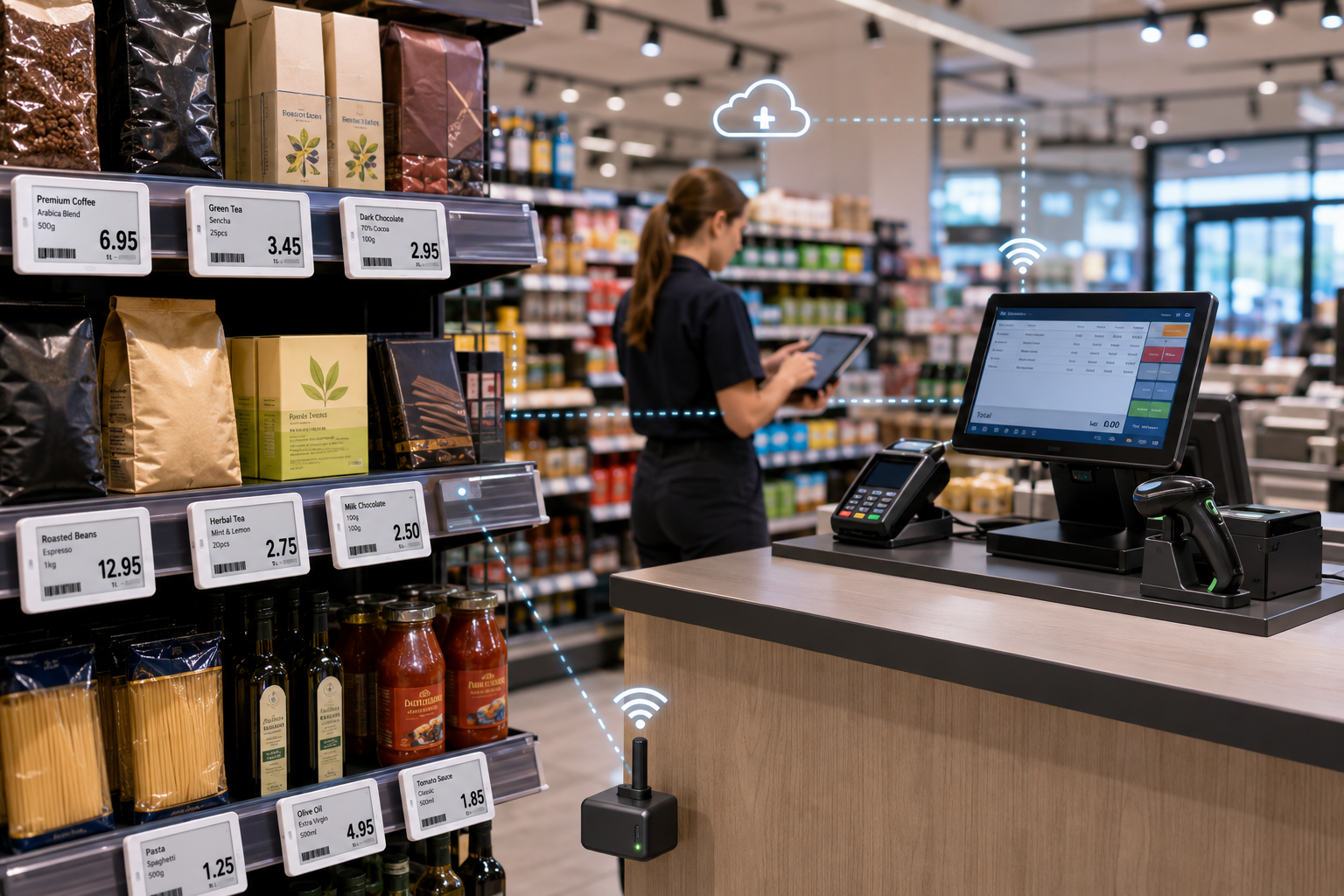 ESL integration with POS systems and electronic shelf labels in a modern retail store
