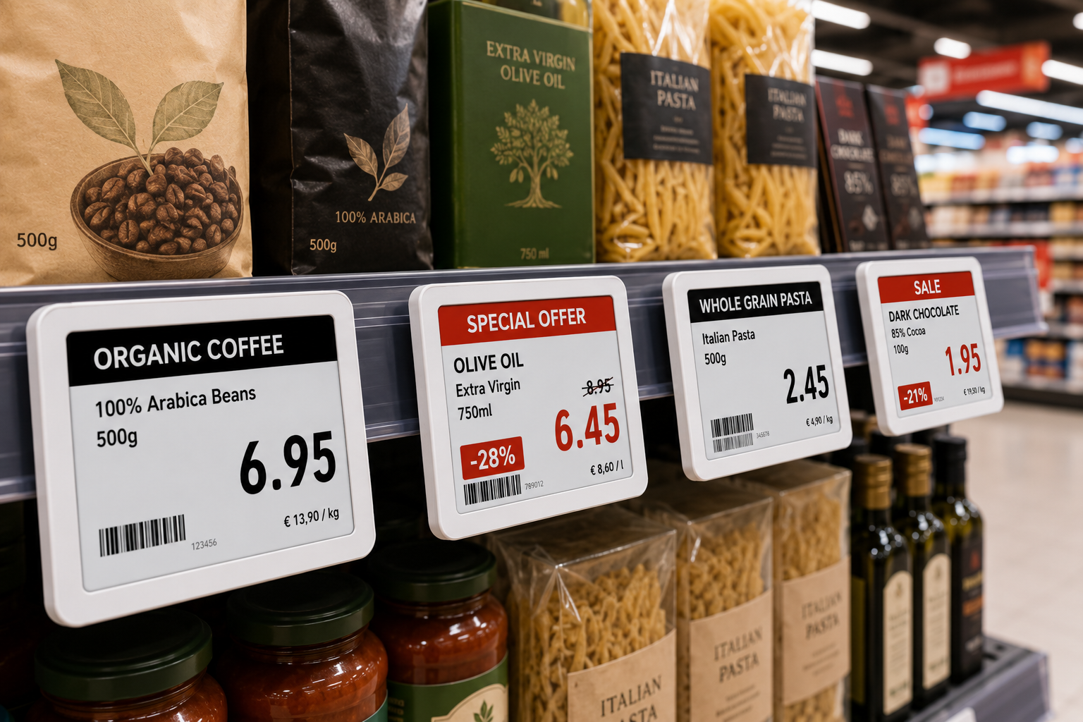 Black white and red ESL displays with electronic shelf labels in a modern retail store