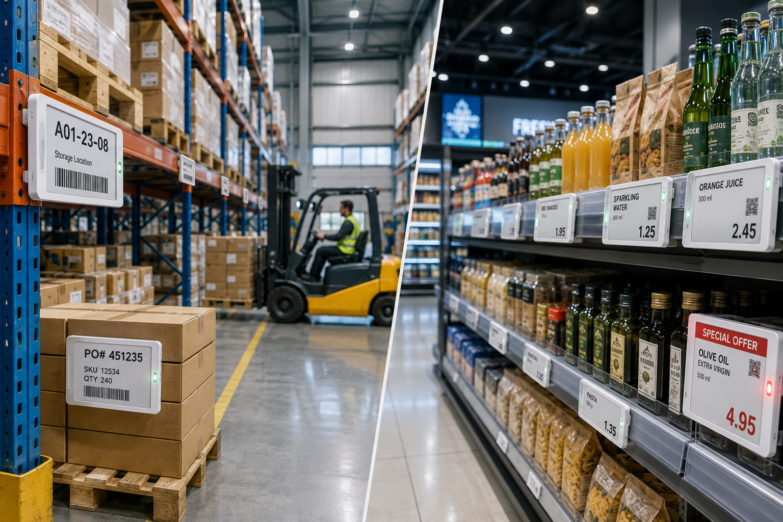 ESL for warehouses and retail with electronic shelf labels in store and warehouse environments