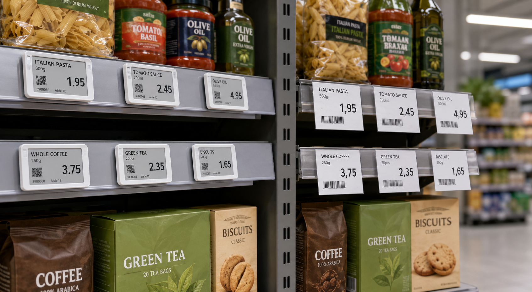 Electronic Shelf Labels compared with paper shelf labels in a modern retail store