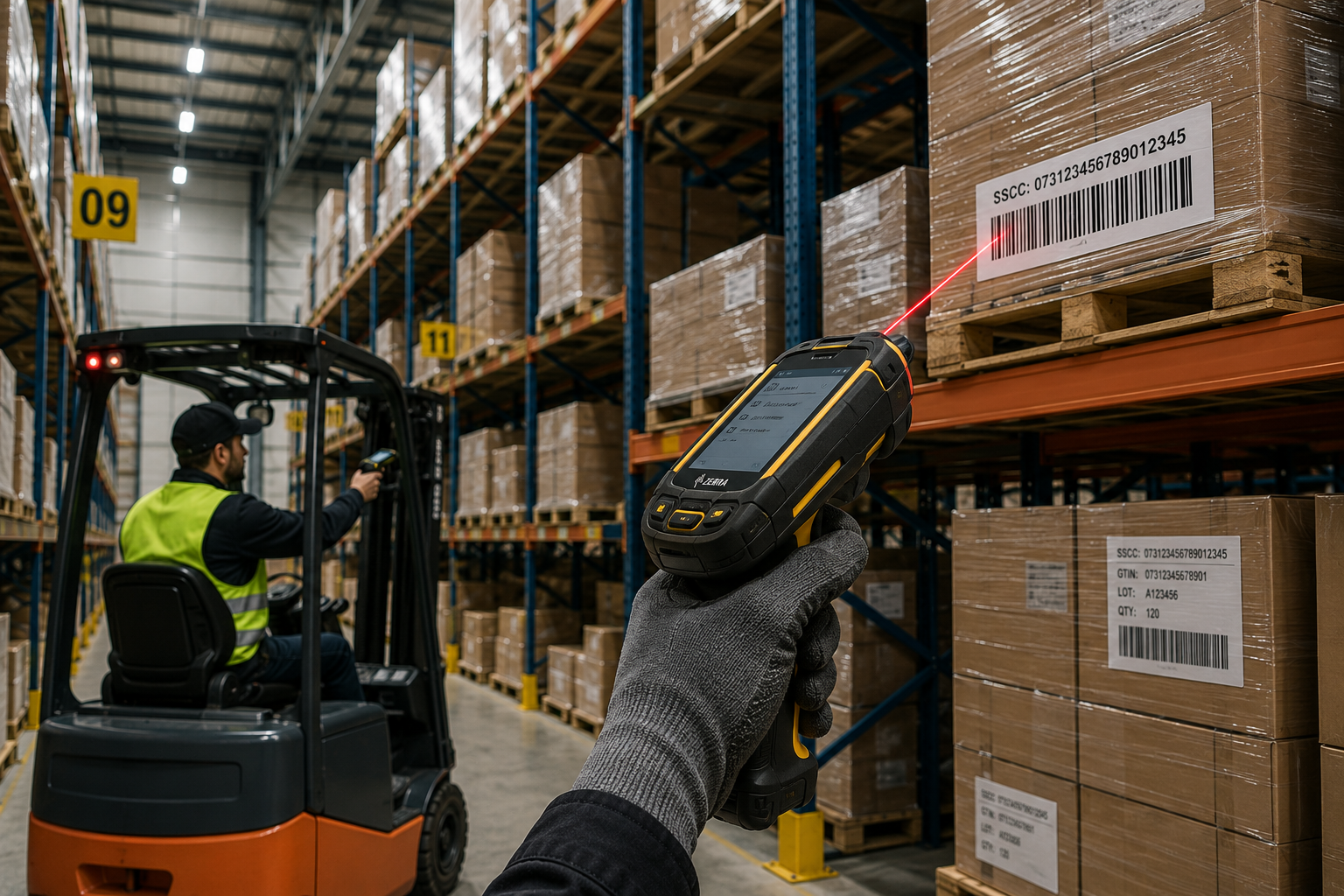 Long range barcode scanner used for warehouse pallet rack scanning and logistics