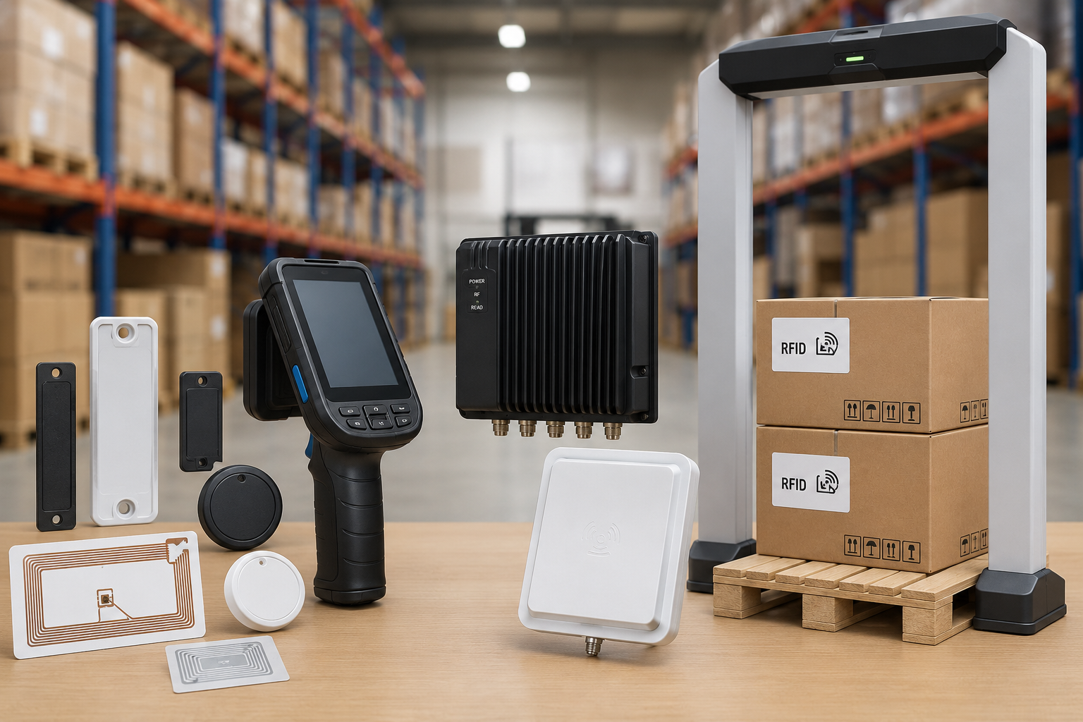 RFID tags and RFID readers with antennas and warehouse tracking equipment