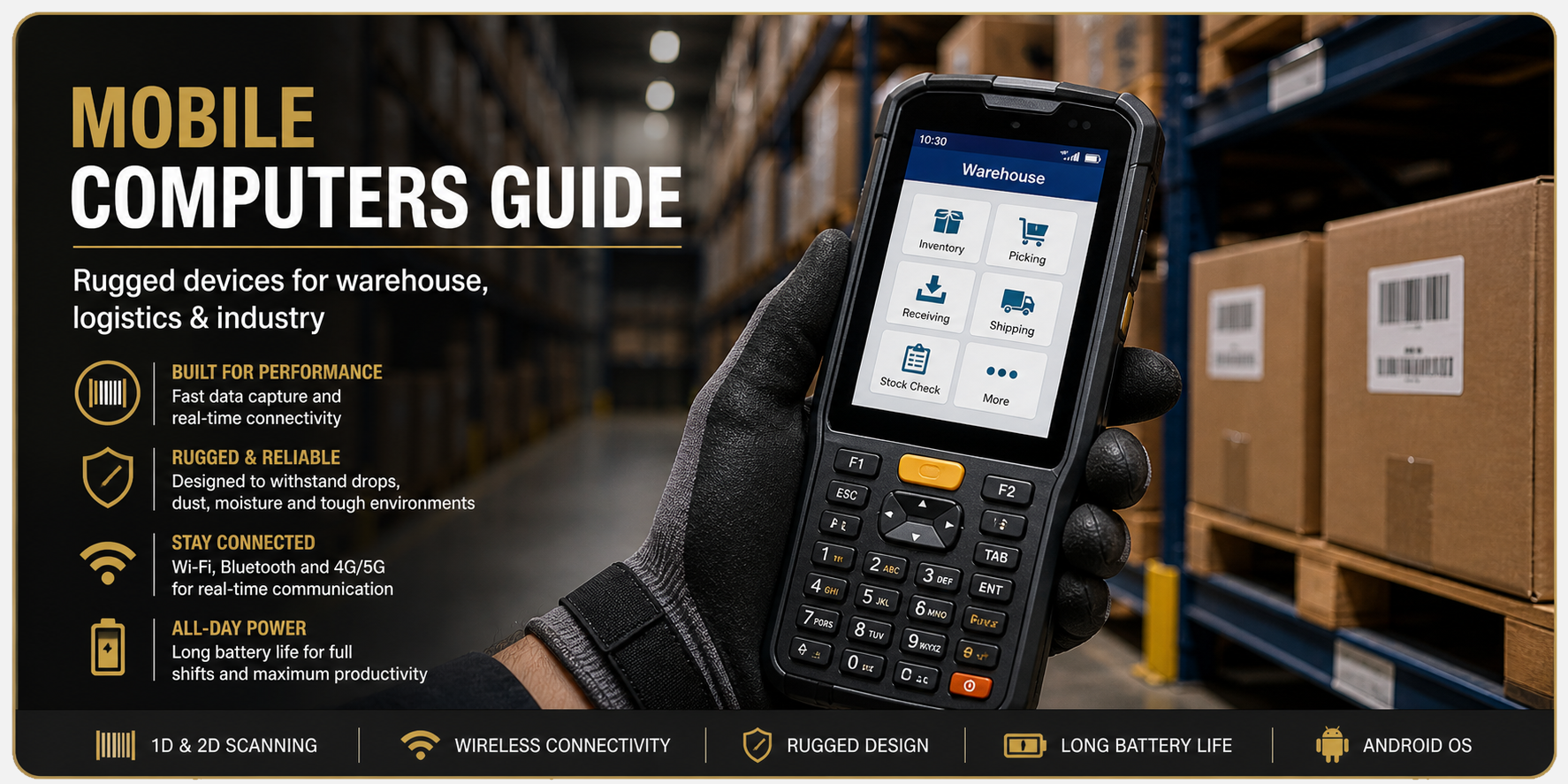Rugged mobile computer for warehouse logistics barcode scanning inventory control