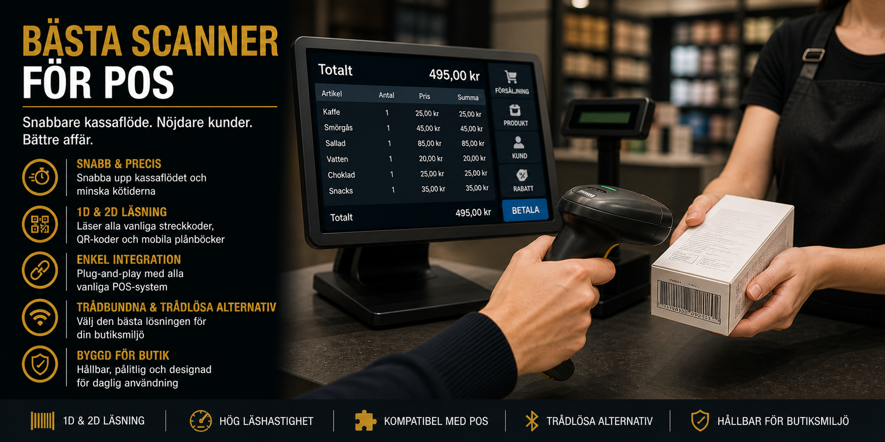 POS streckkodsläsare för kassa, detaljhandel, butik och produktskanning