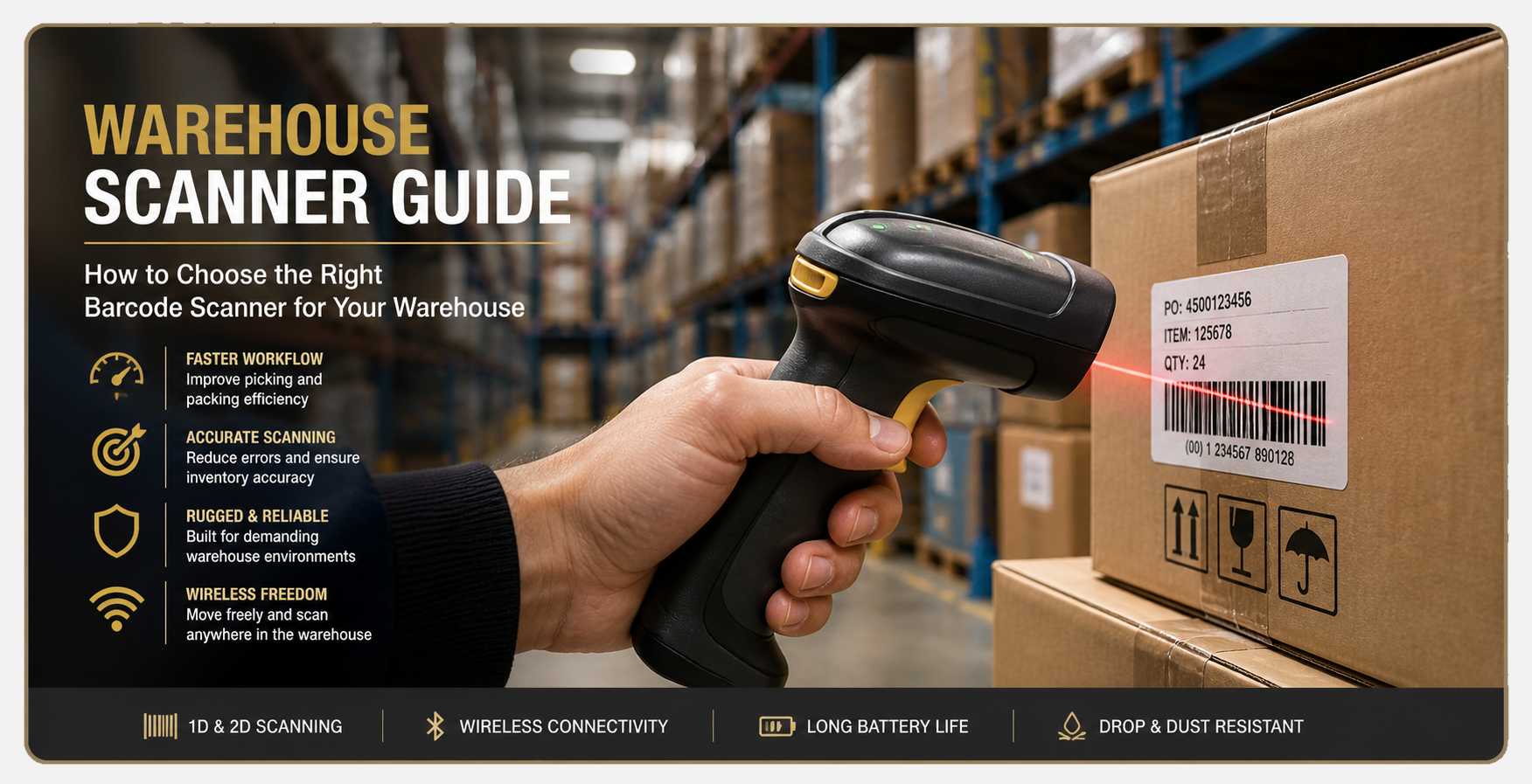 Warehouse barcode scanner for picking packing logistics and inventory control