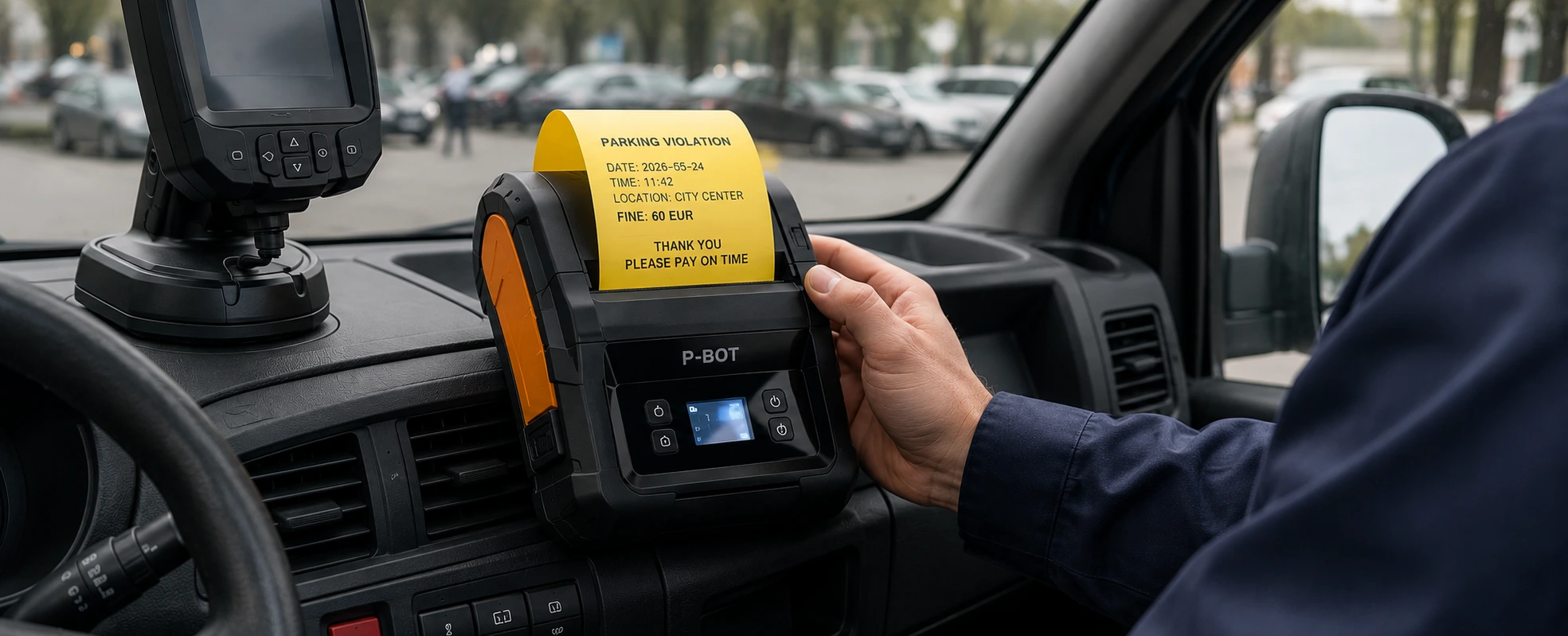 Keltainen kuittirulla tulostuu mobiilista P-BOT-tulostimesta
