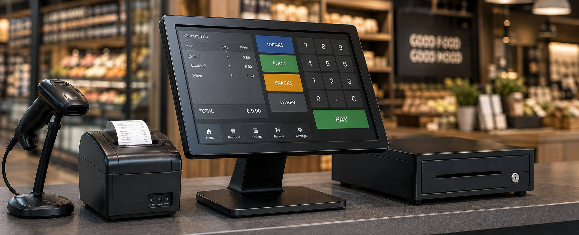 Touch screen POS terminal with barcode scanner, receipt printer and cash drawer