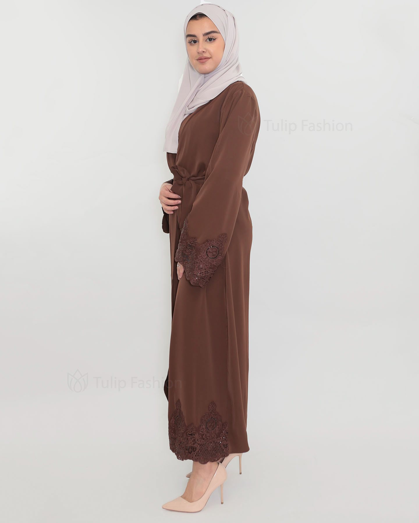 Dantelle Open Abaya - Dark Brown - 3