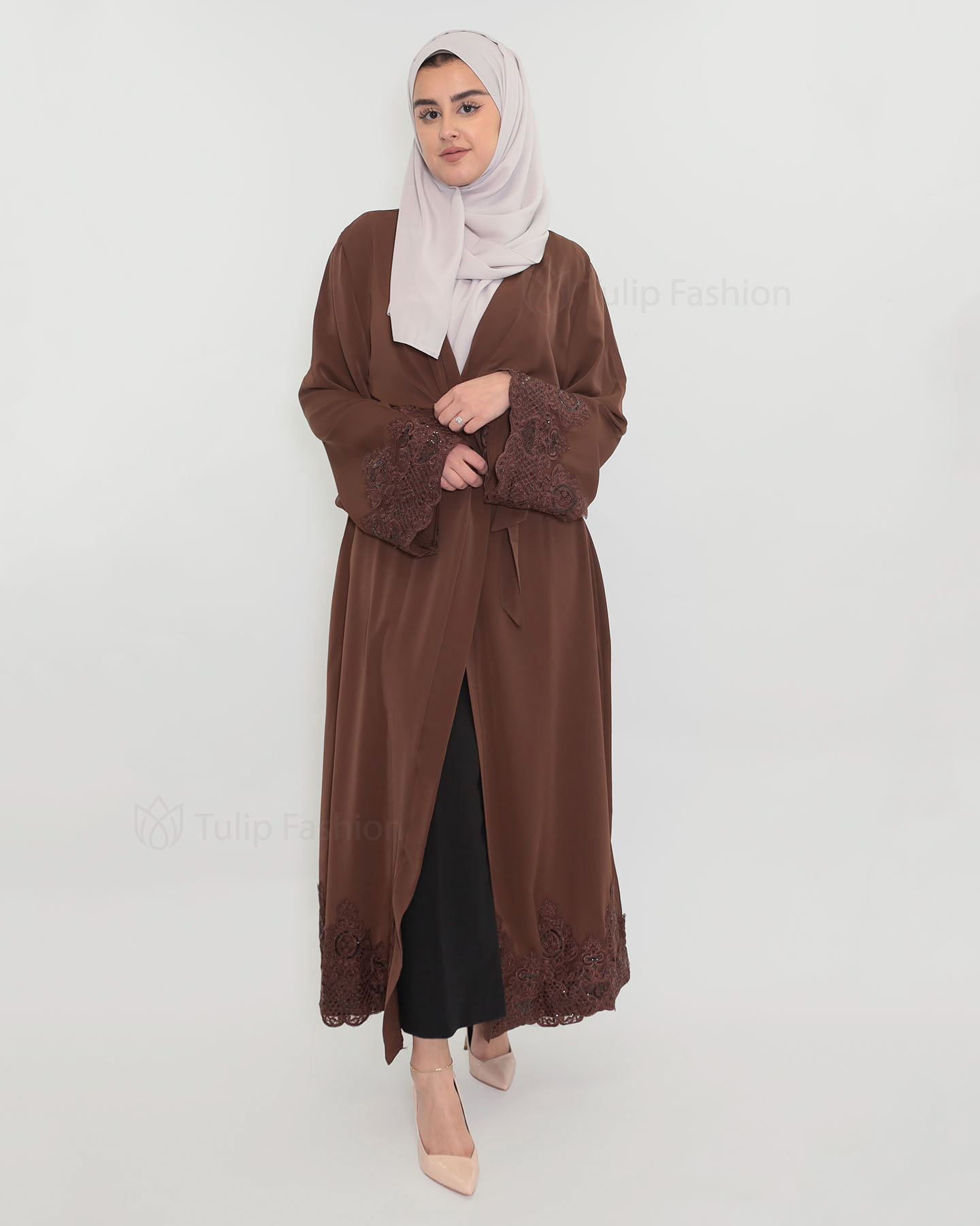 Dantelle Open Abaya - Dark Brown