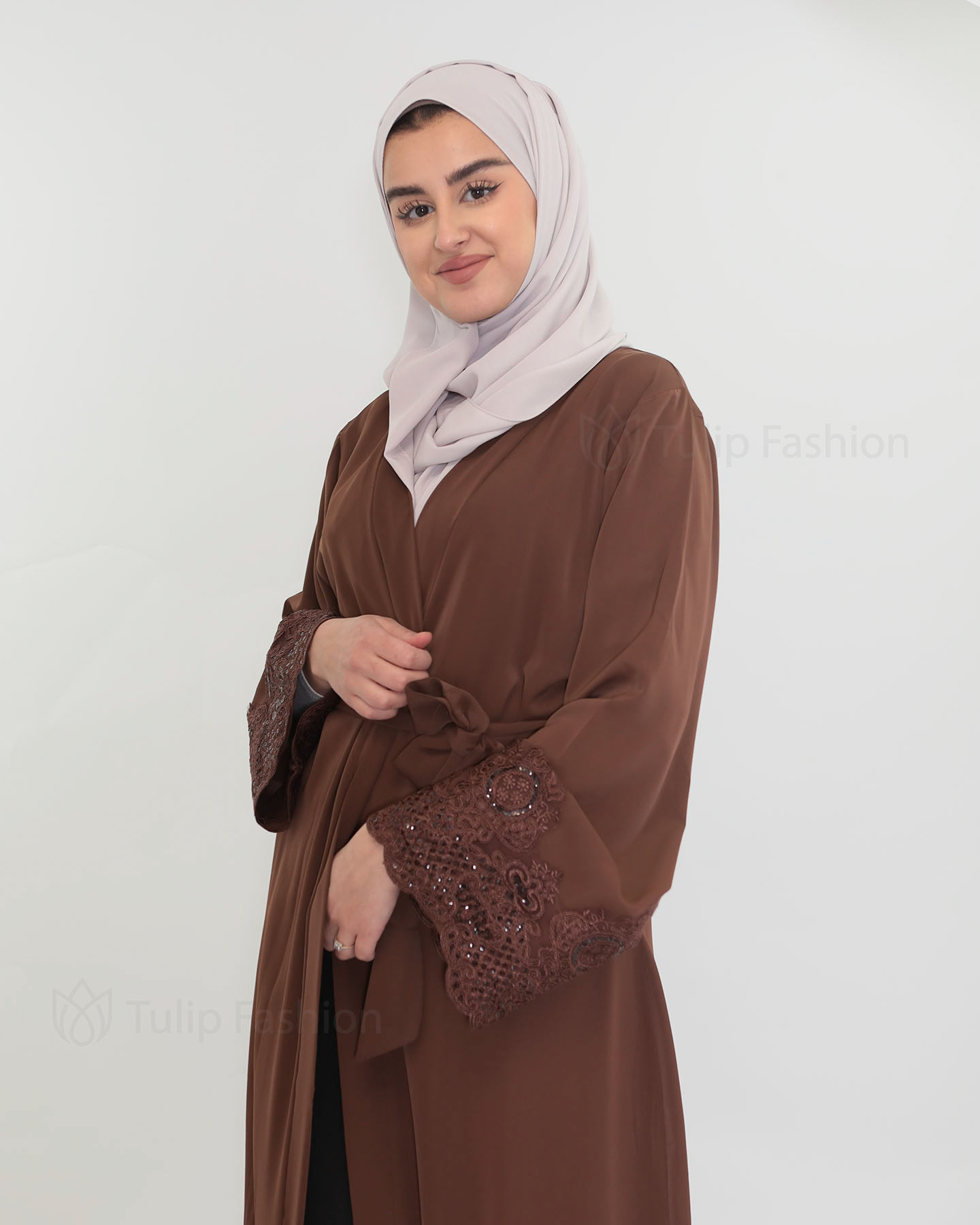 Dantelle Open Abaya - Dark Brown - 4