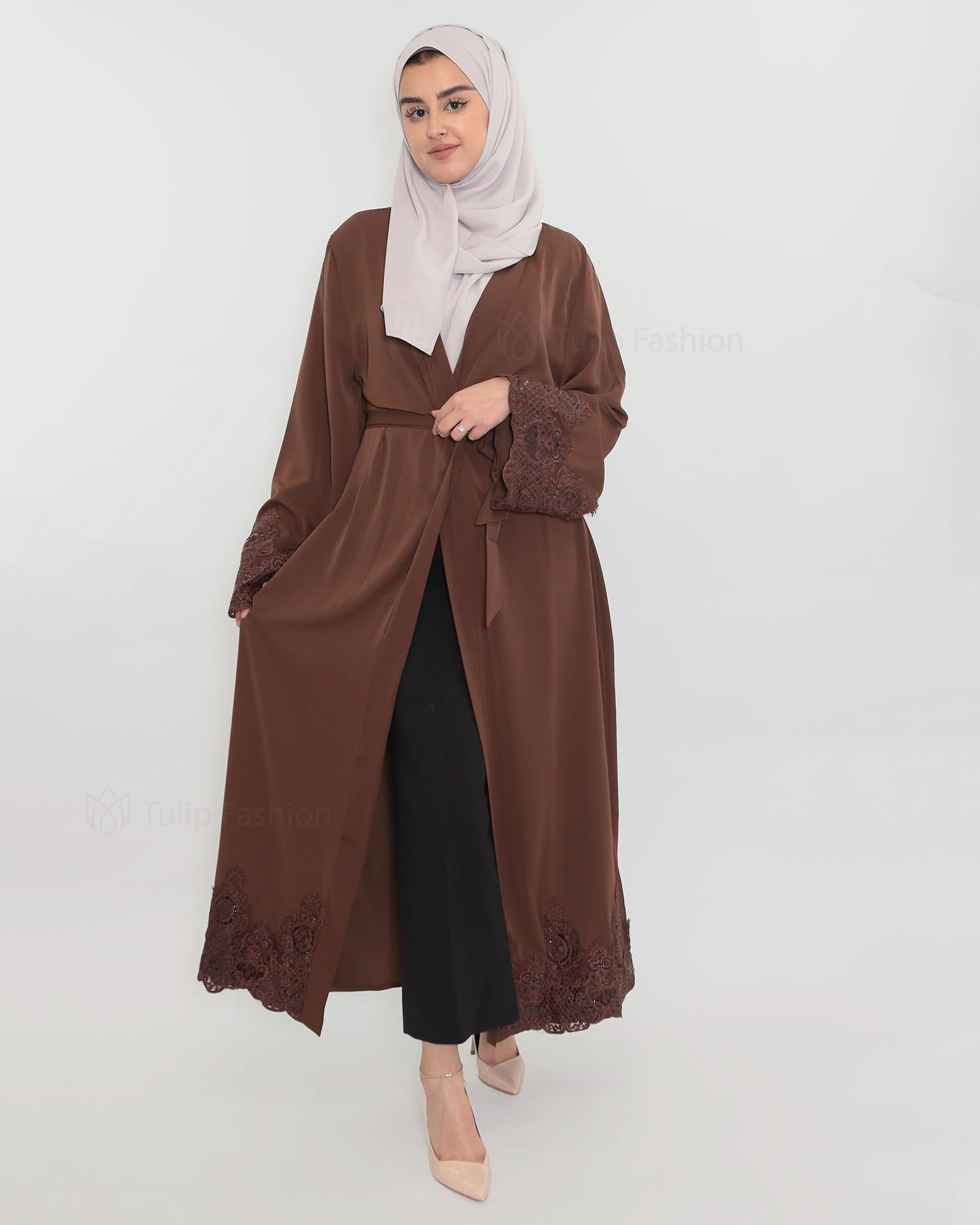 Dantelle Open Abaya - Dark Brown - 2
