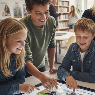 Image showing three students gathered around a digital tablet reviewing their school newspaper.