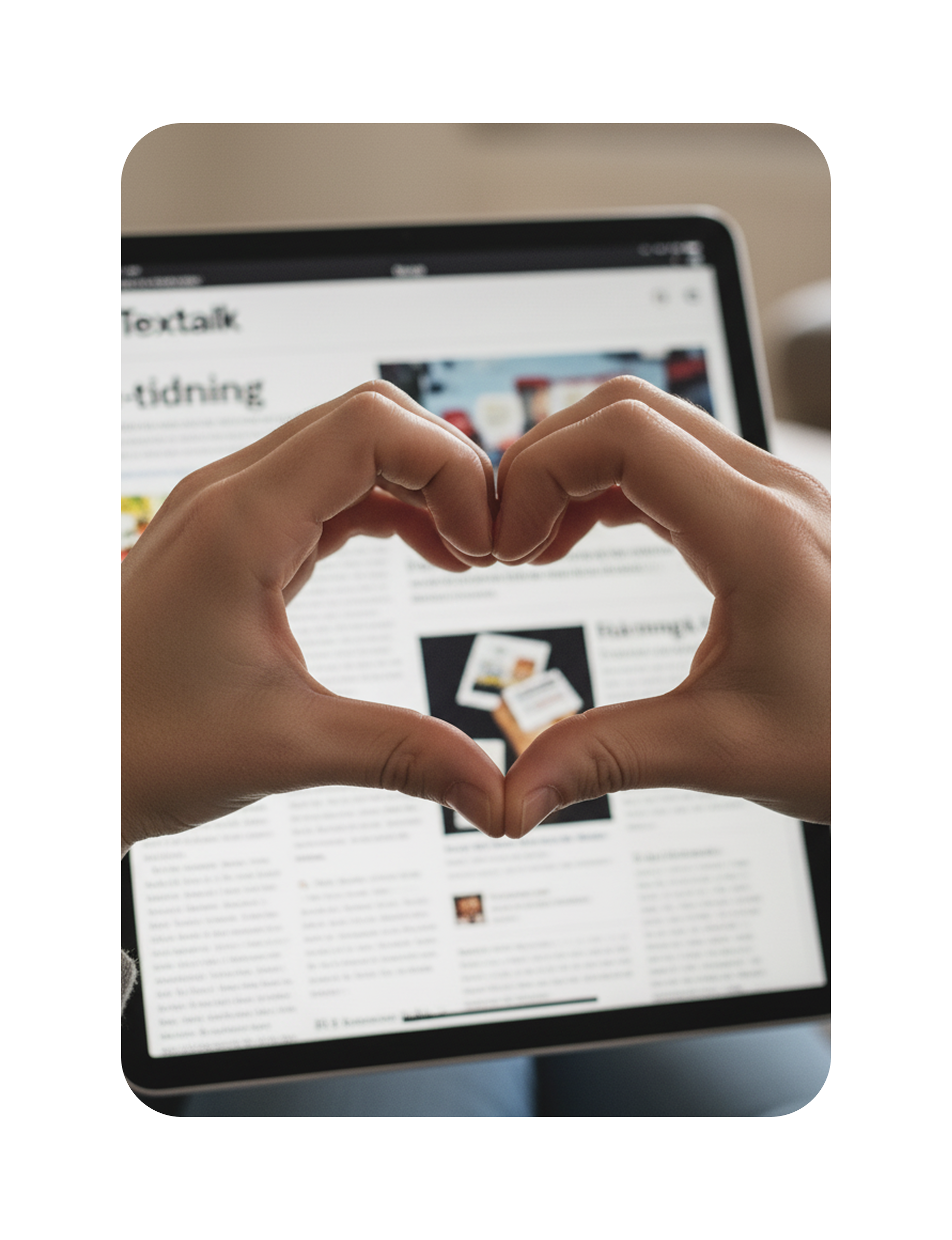 A hand forming a heart shape with Textalk’s digital solutions visible on a screen in the background.