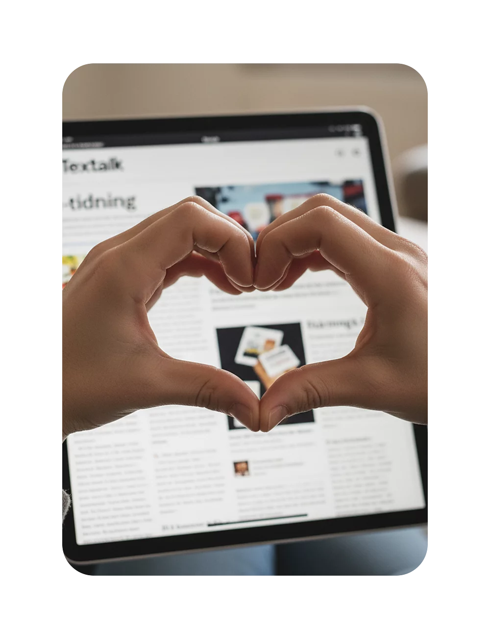 A hand forming a heart shape with Textalk’s digital solutions visible on a screen in the background.