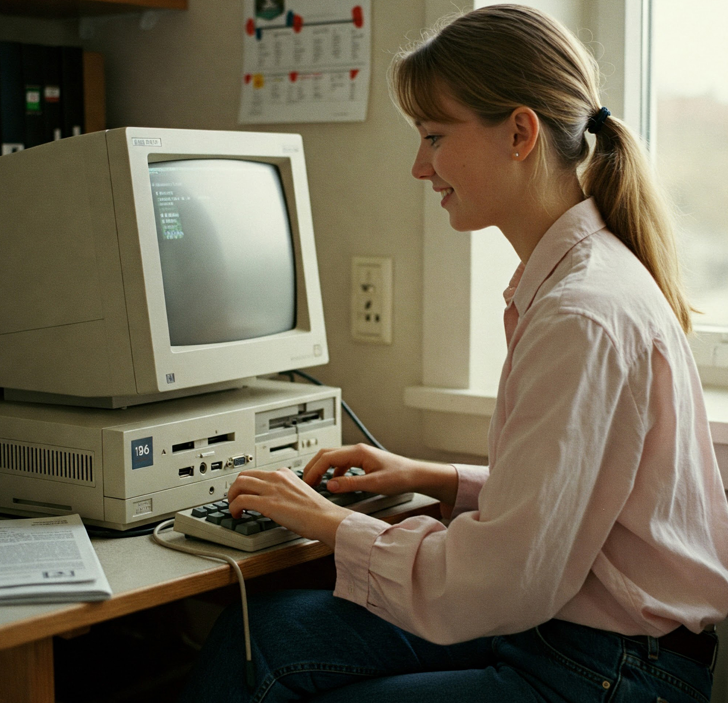 A woman in 1996 sitting at an old computer writing code for news on the web.