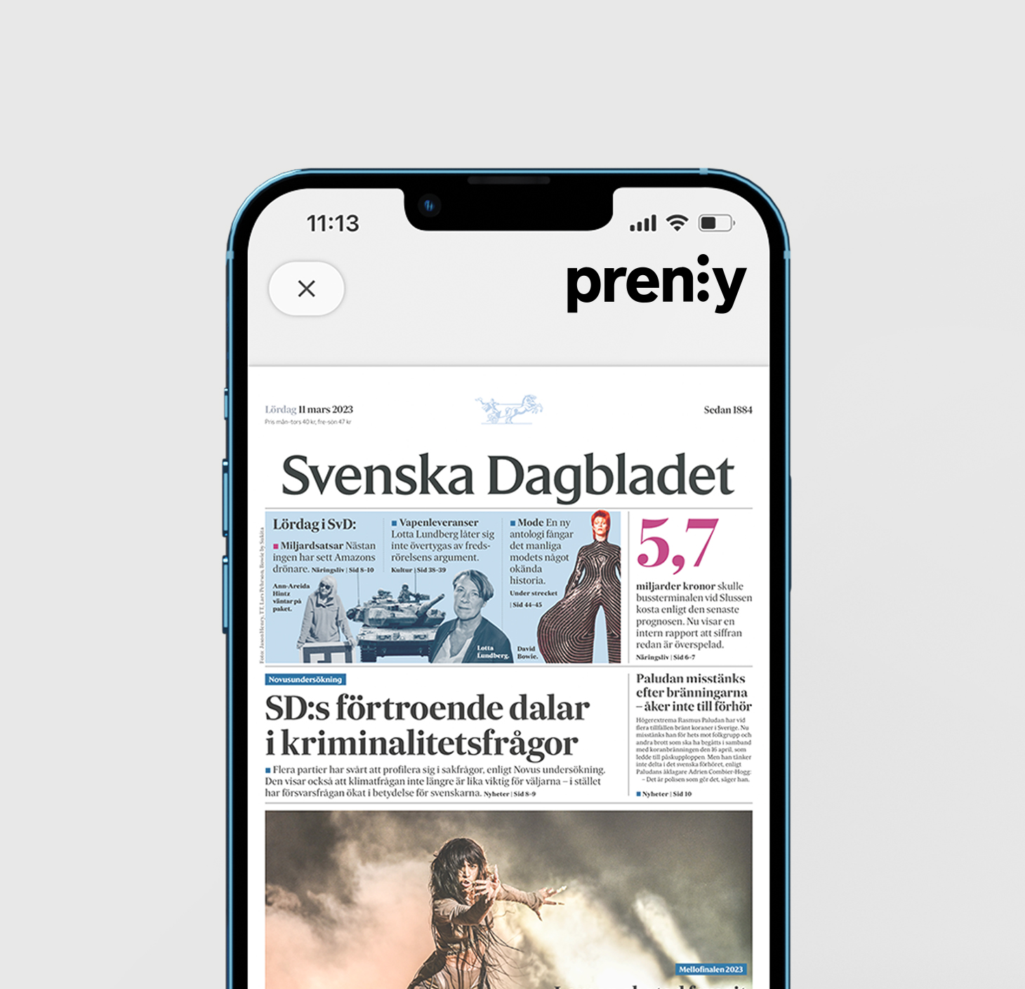 The digital newspaper in Prenly. A highlighted blue section shows it can be tapped for accessibility.