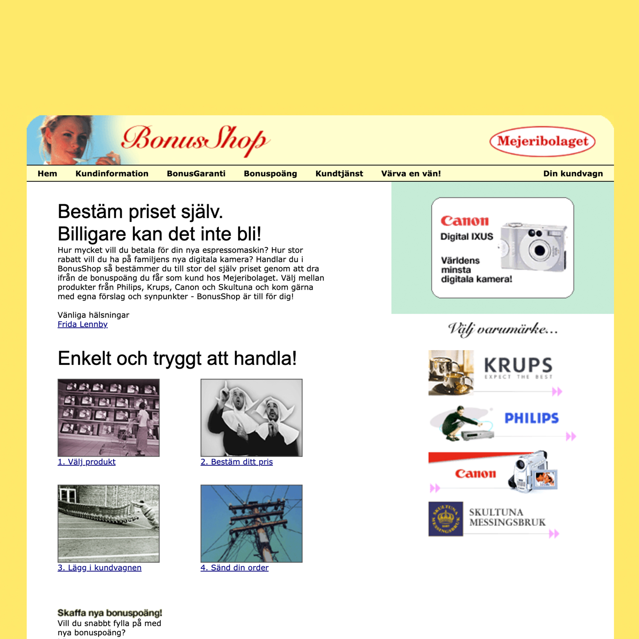 Image showing the website for Mejeribolaget in 1998. A yellow-and-white site with online sales functionality.