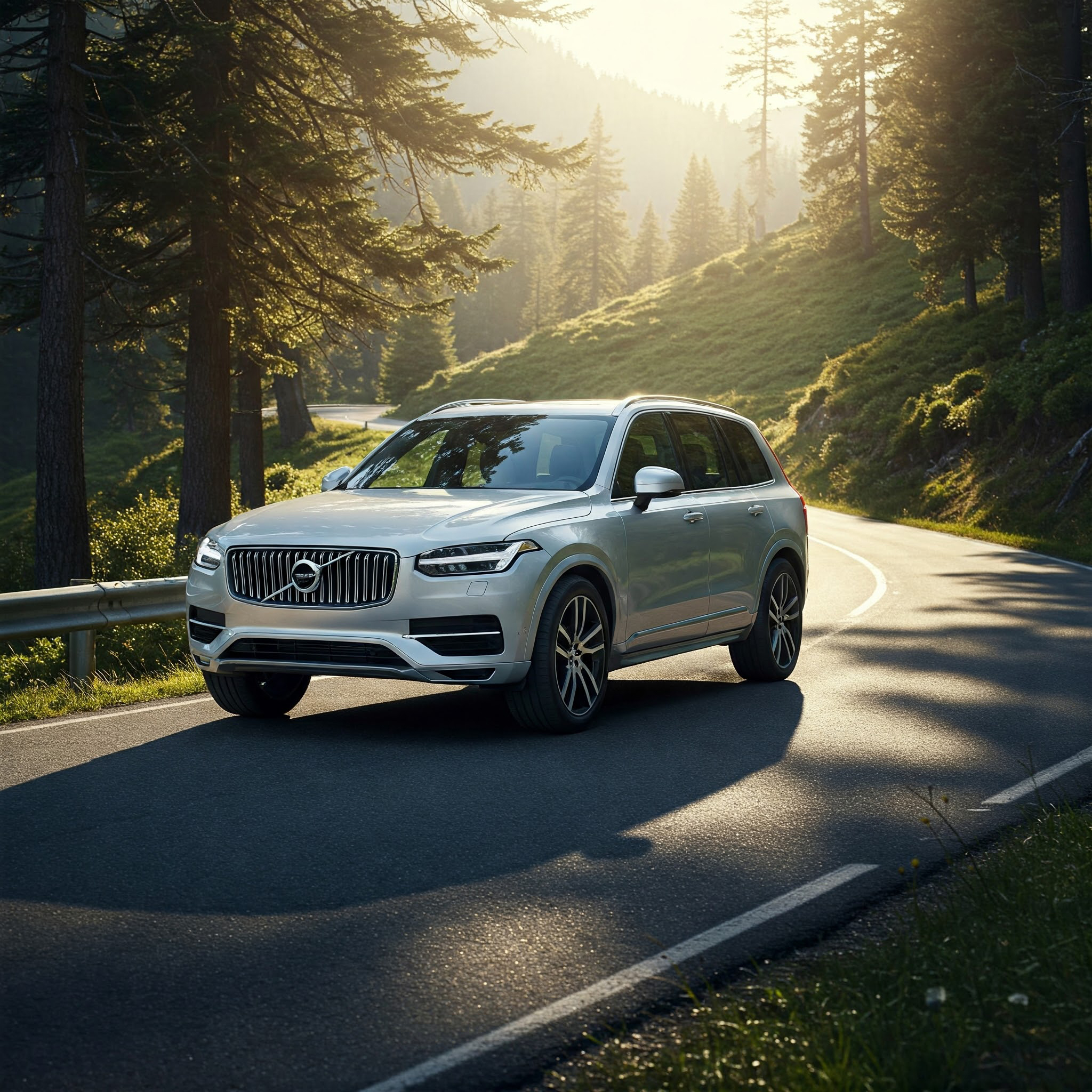 Photo of a silver Volvo driving on a road.