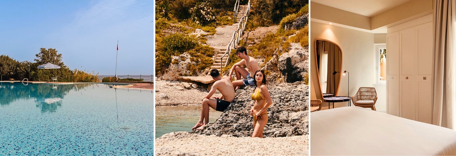 Collage från Brucoli resort med vackert hotellrum, pool och en grupp personer på privat strand.