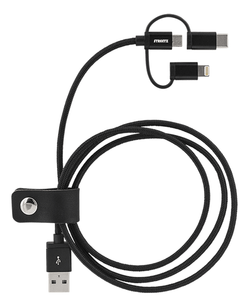 Deltaco 3-i-1 tygklädd USB-synk/laddarkabel, 1m - Svart - 2
