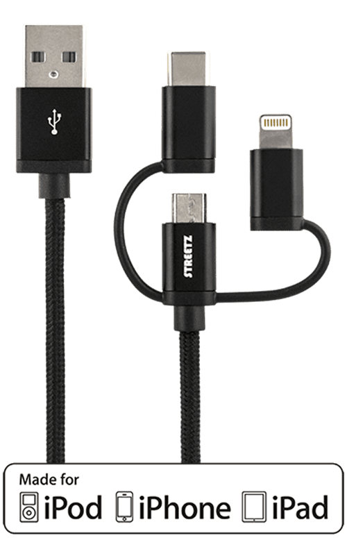 Deltaco 3-i-1 tygklädd USB-synk/laddarkabel, 1m - Svart