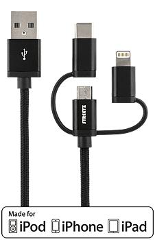 Deltaco 3-i-1 tygklädd USB-synk/laddarkabel, 1m - Svart