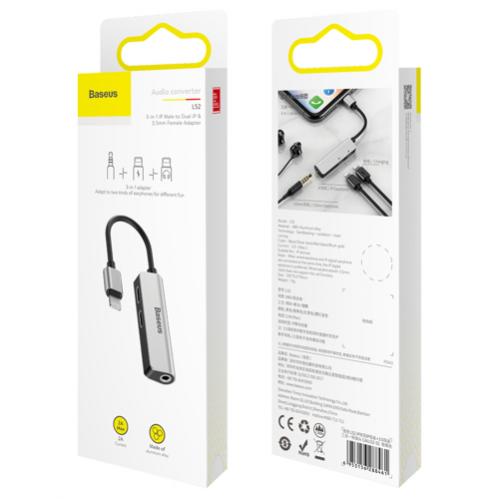 Baseus L52 Adapter Lightning till Dubbla Lightning och AUX 3.5 mm - Silver/Svart - 5